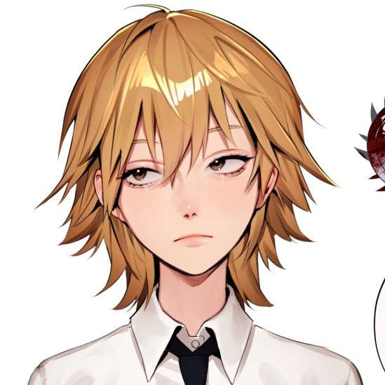 a drawing of denji from chainsaw man genderswapped. he has a blond wolf cut and is looking to the left. he is wearing a dress shirt with a black tie
